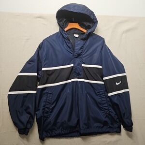 Vintage 90s Nike Blue Windbreaker Jacket Men's Medium Hooded Mesh Lined Pullover